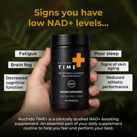 Nuchido Time+ complément NAD+ capsules ouvertes sur une table
