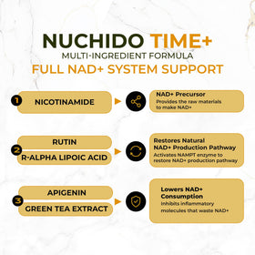 Nuchido Time+ complément NAD+ mise en scène avec des légumes