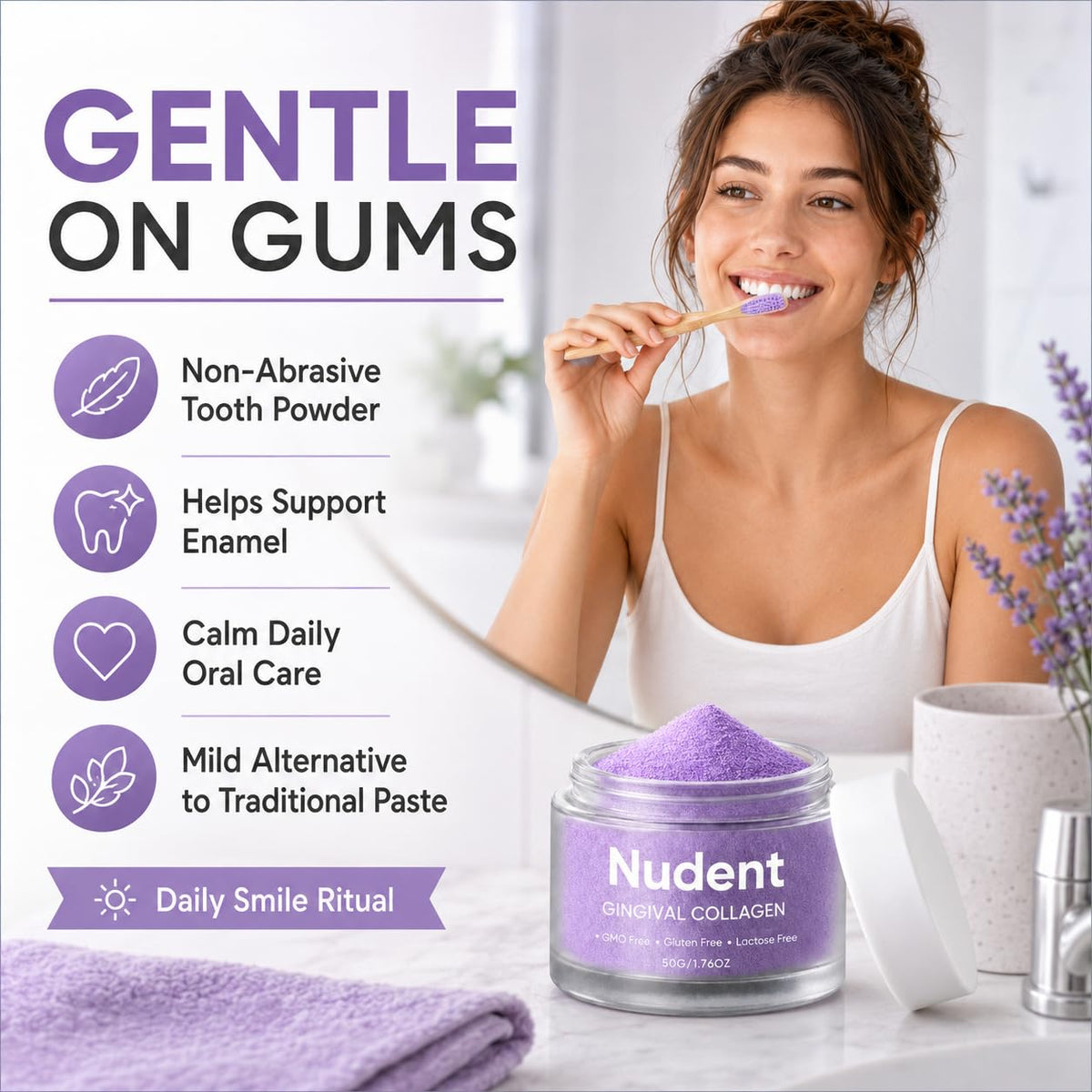 NUDENT Collasmile Poudre de Collagène pour Gencives 150g en utilisation