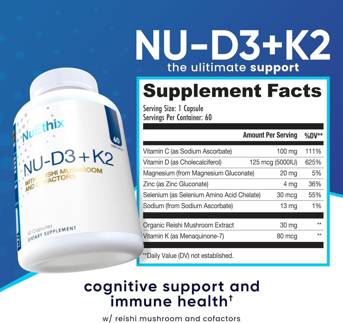 NuEthix Formulations NU-D3 + K2 ingrédients principaux