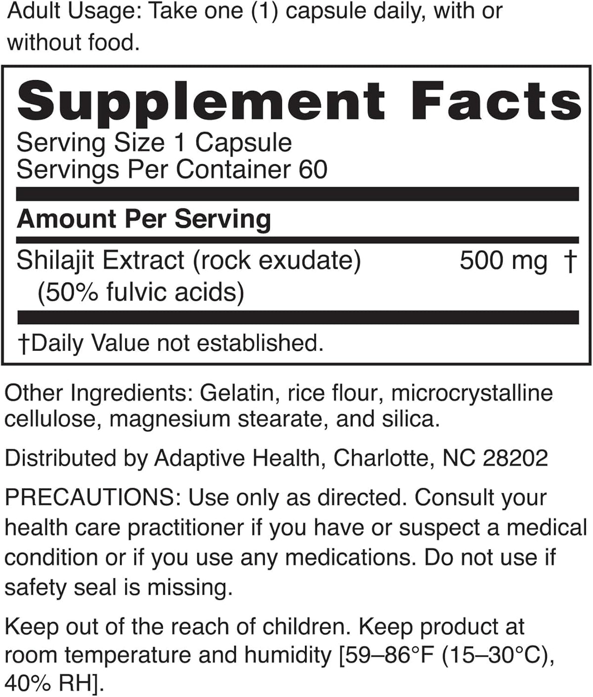 Nugenix Shilajit 500 mg capsules, vue de dos avec informations nutritionnelles