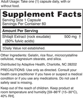 Nugenix Shilajit 500 mg capsules, vue de dos avec informations nutritionnelles