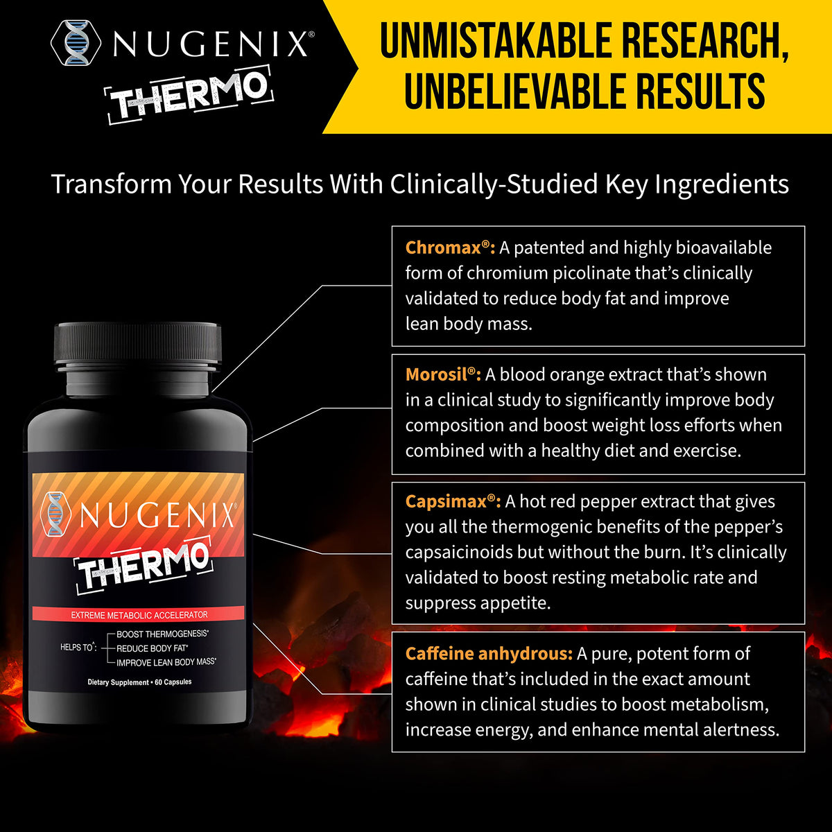 Nugenix Thermo emballage avec ingrédients clés, vue latérale