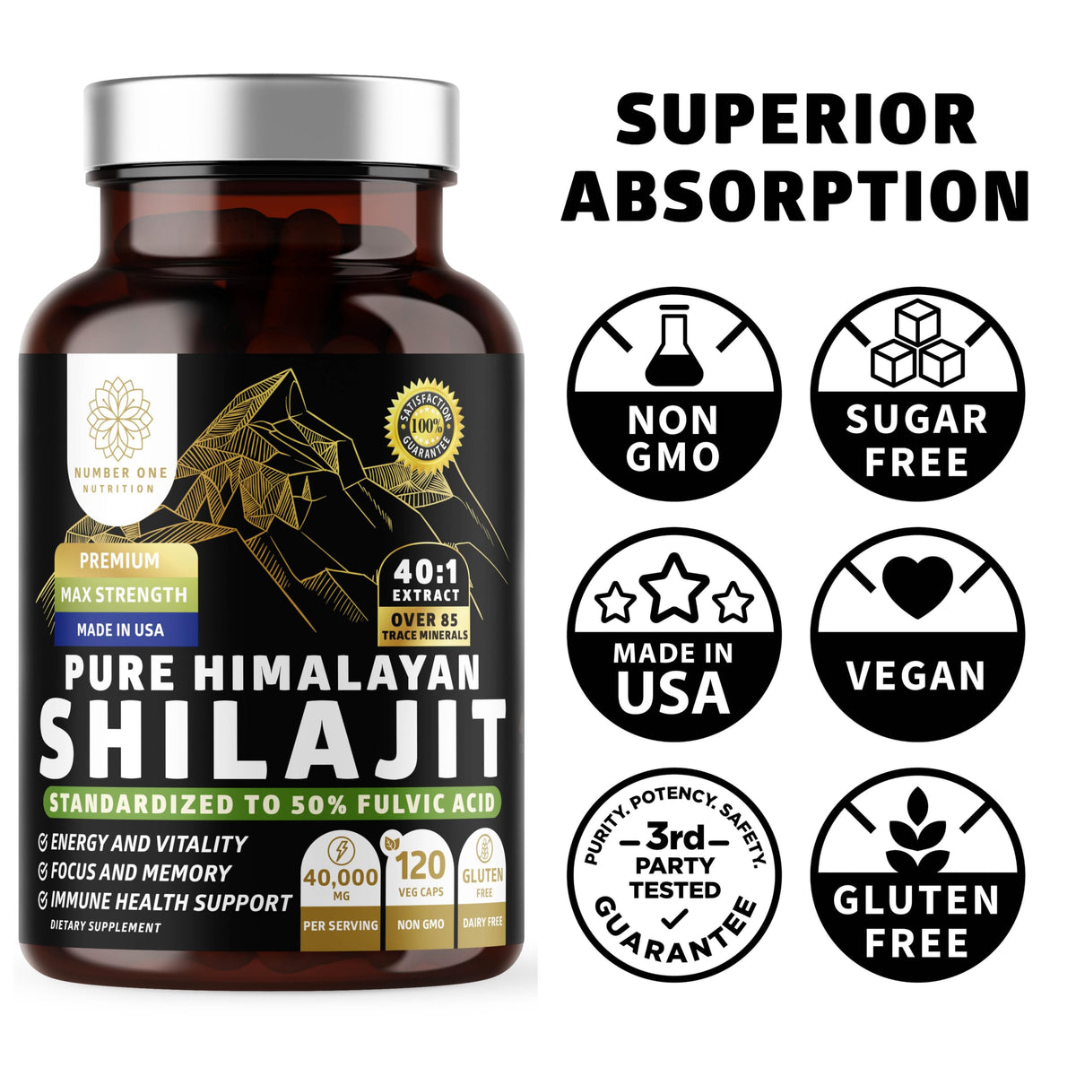 Number One Nutrition Shilajit Himalayen capsules displayed on a wooden surface
