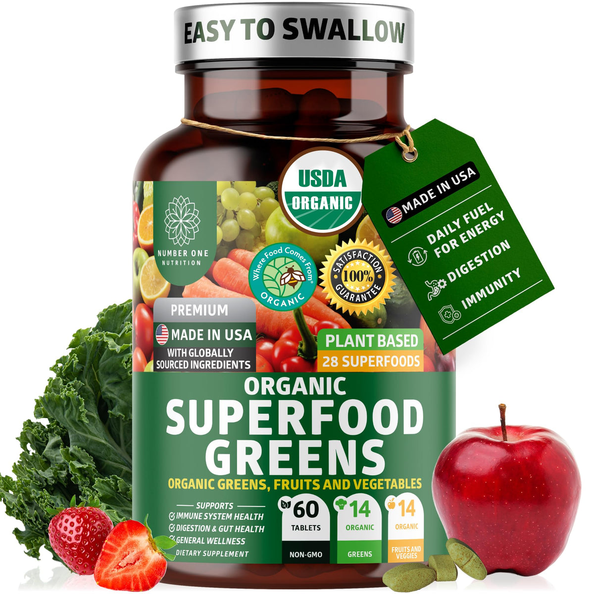 Number One Nutrition Superfood Greens 60 comprimés, vue de face
