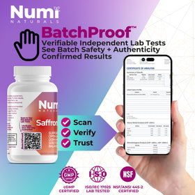 Numi Naturals Extrait de Safran 88,5mg capsules à l'intérieur de la bouteille