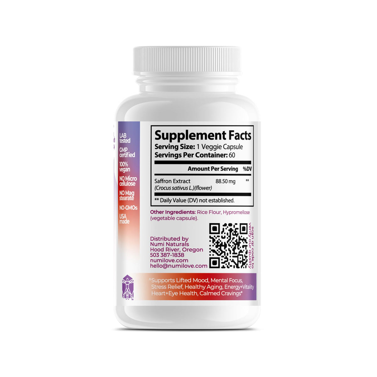 Numi Naturals Extrait de Safran 88,5mg capsules sur une table