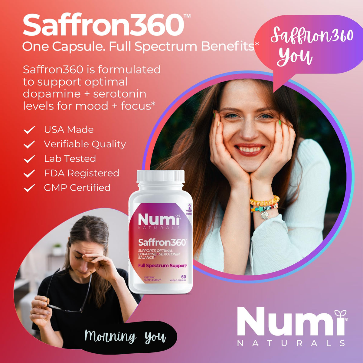 Numi Naturals Extrait de Safran 88,5mg vue de côté de la bouteille
