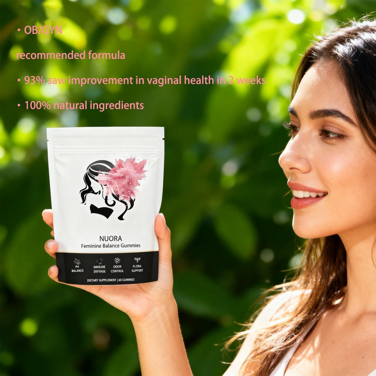 nuora Gummies Équilibre Féminin 60 Gummies Vegan Ananas, ingrédients sur l'emballage