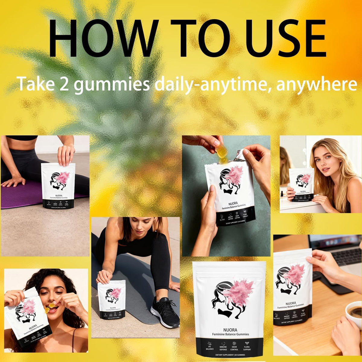 nuora Gummies Équilibre Féminin 60 Gummies Vegan Ananas, présentation sur une table