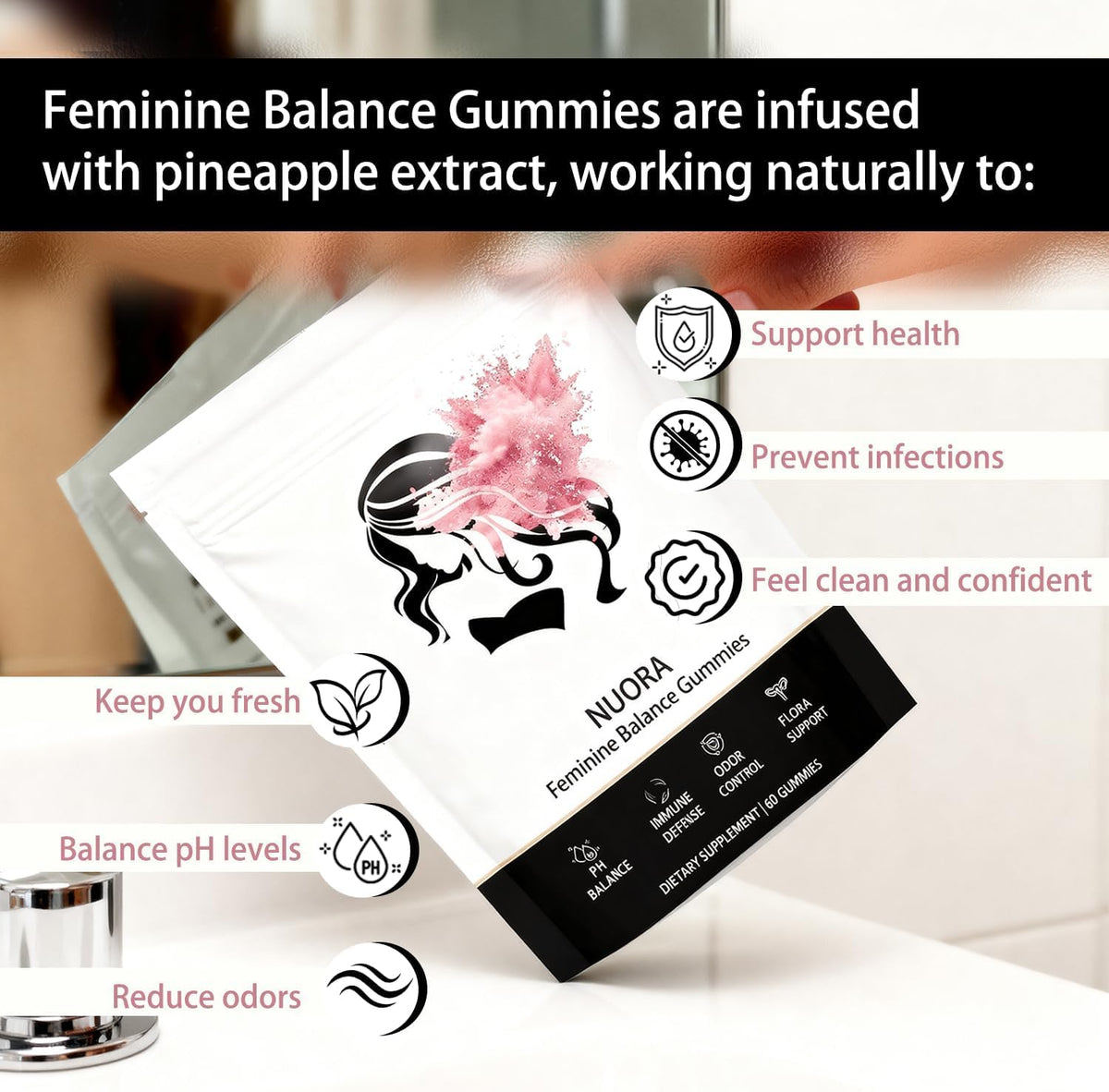 nuora Gummies Équilibre Féminin 60 Gummies Vegan Ananas, vue de côté