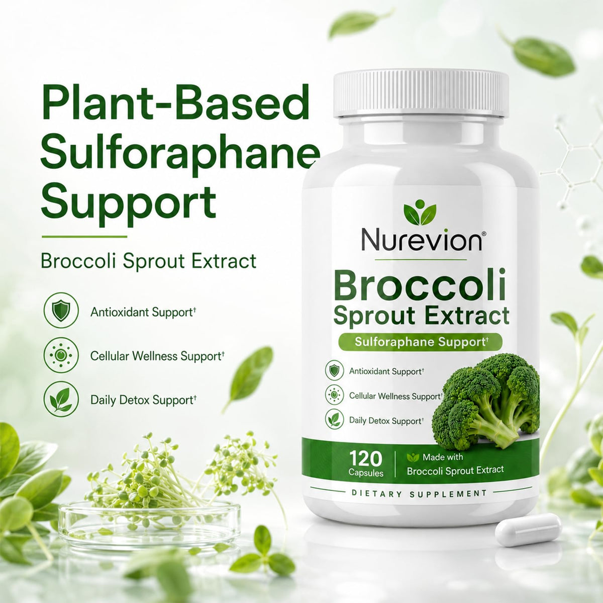 Nurevion Extrait de Germes de Brocoli - capsules sur un fond blanc