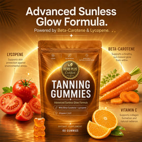 Nurevion Gummies Bronzage 60 unités à côté d'un verre d'eau