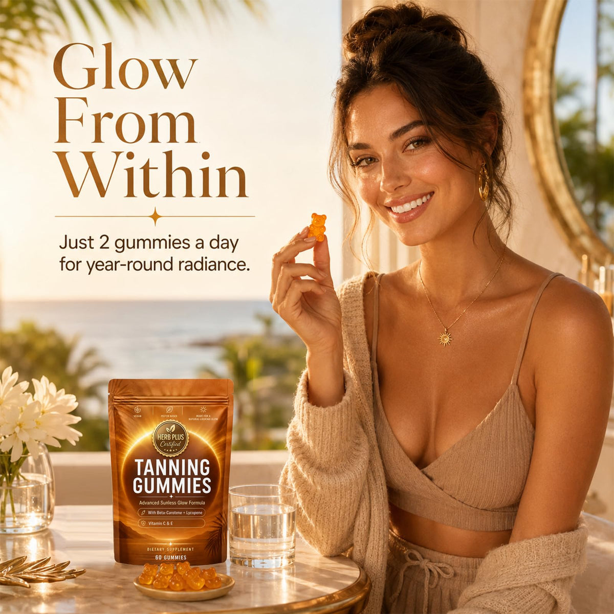 Nurevion Gummies Bronzage 60 unités en main avec vue rapprochée