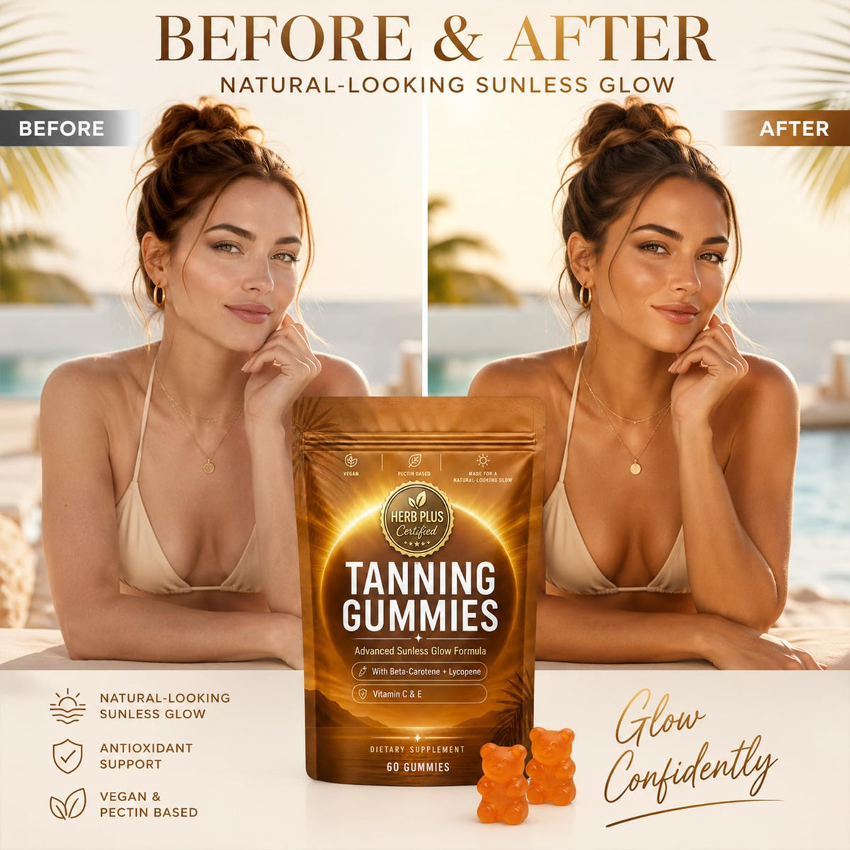 Nurevion Gummies Bronzage 60 unités mise en scène avec fruits tropicaux