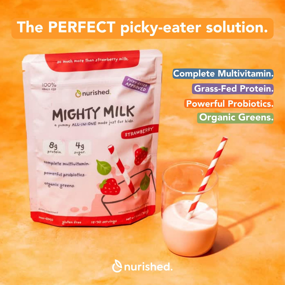 Nurished Mighty Strawberry Milk 340g mélange dans un verre