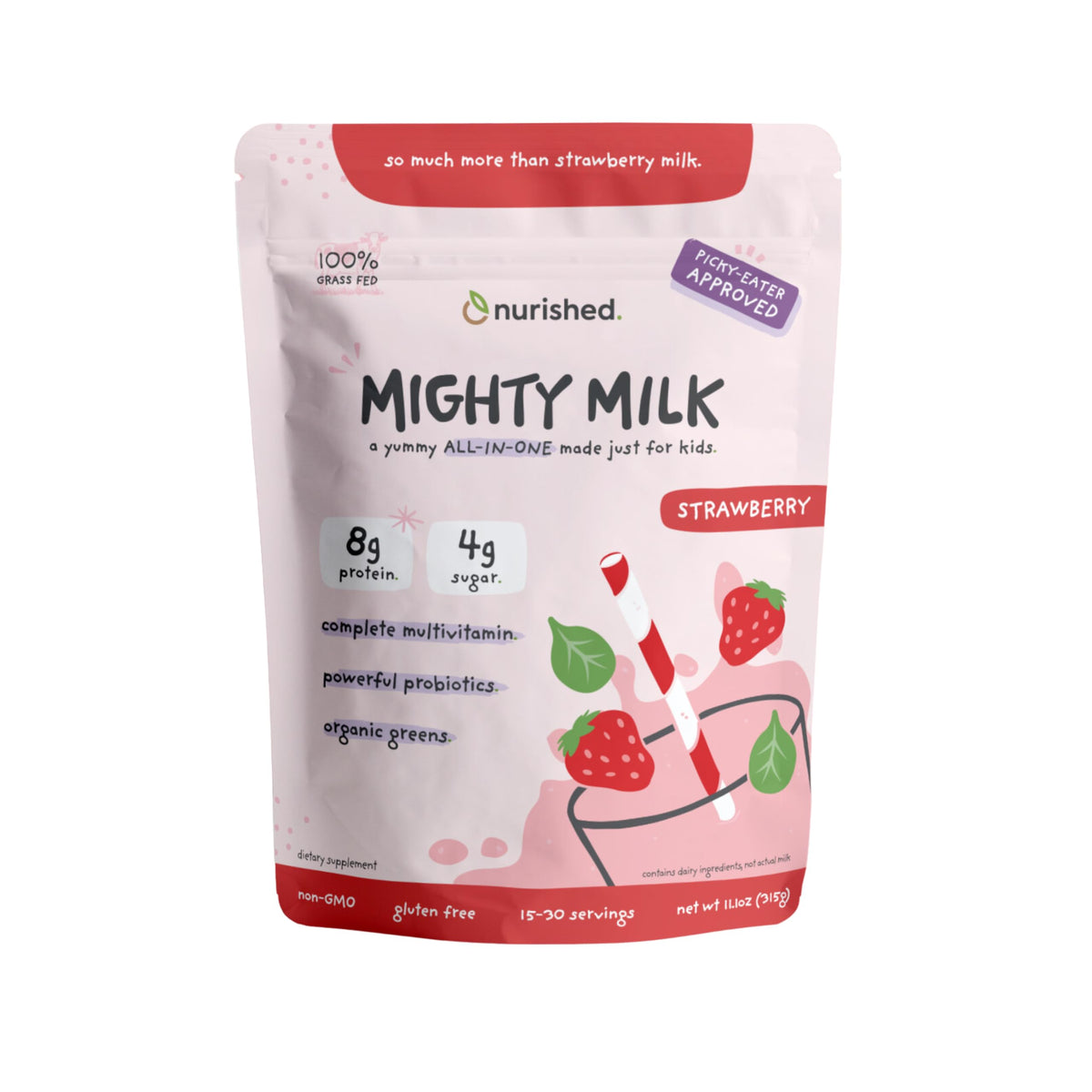 Nurished Mighty Strawberry Milk 340g sachet avant