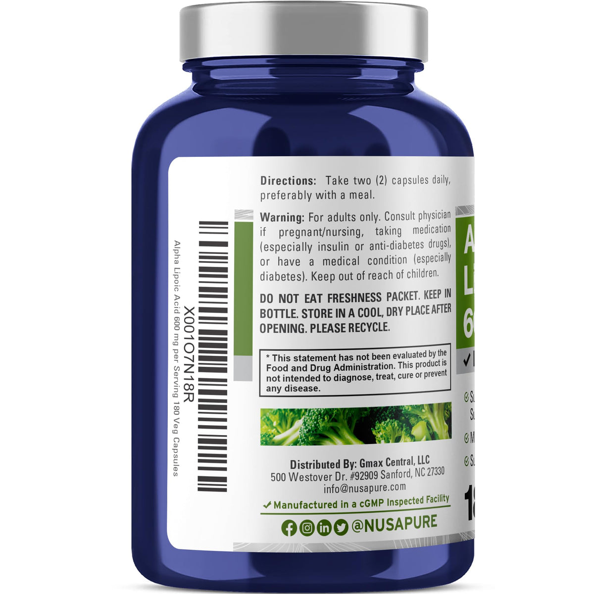 NusaPure Acide Alpha-Lipoïque 600mg 180 capsules végétales sur fond blanc