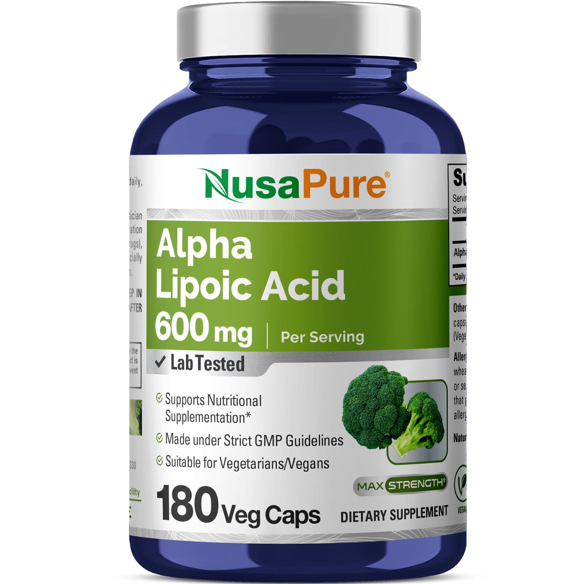 NusaPure Acide Alpha-Lipoïque 600mg 180 capsules végétales vue de face