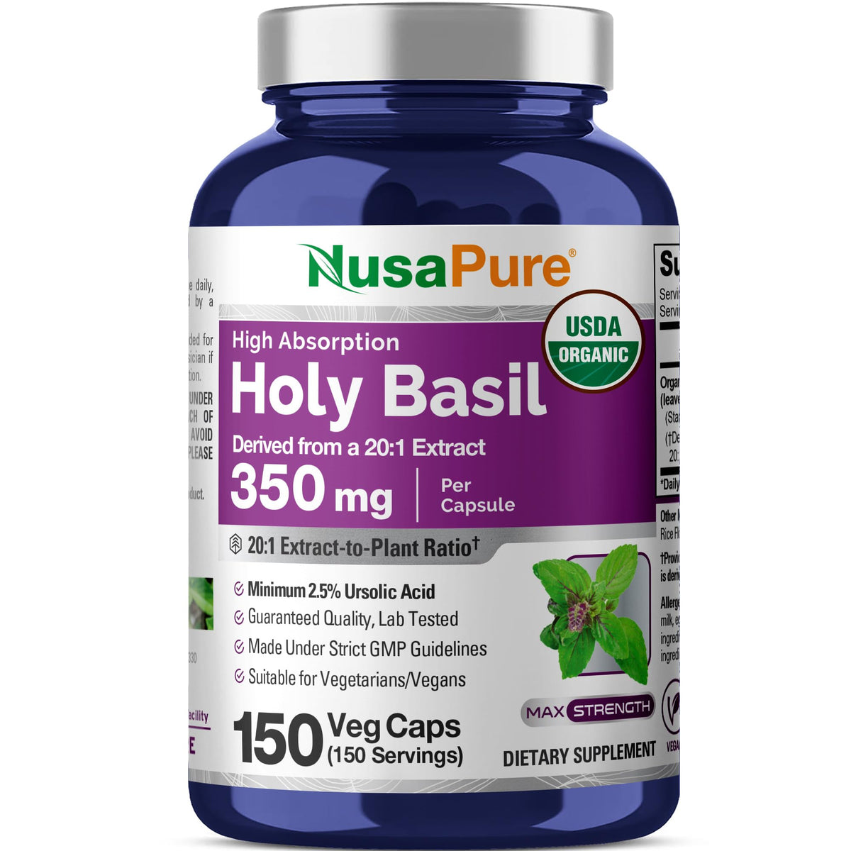 NusaPure Basilic Sacré Bio 350 mg 150 capsules végétales en bouteille