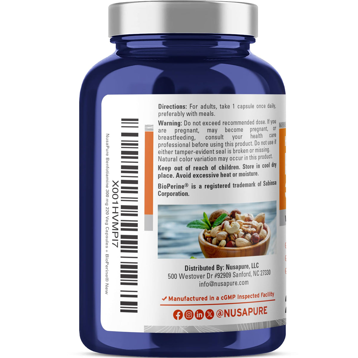 NusaPure Benfotiamine 300mg capsules végétales avec informations nutritionnelles