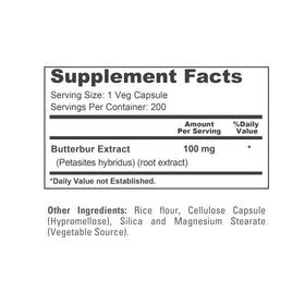 NusaPure Butterbur 100mg 200 gélules sur fond blanc