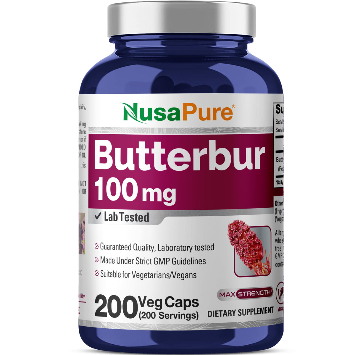 NusaPure Butterbur 100mg 200 gélules végétales, vue avant