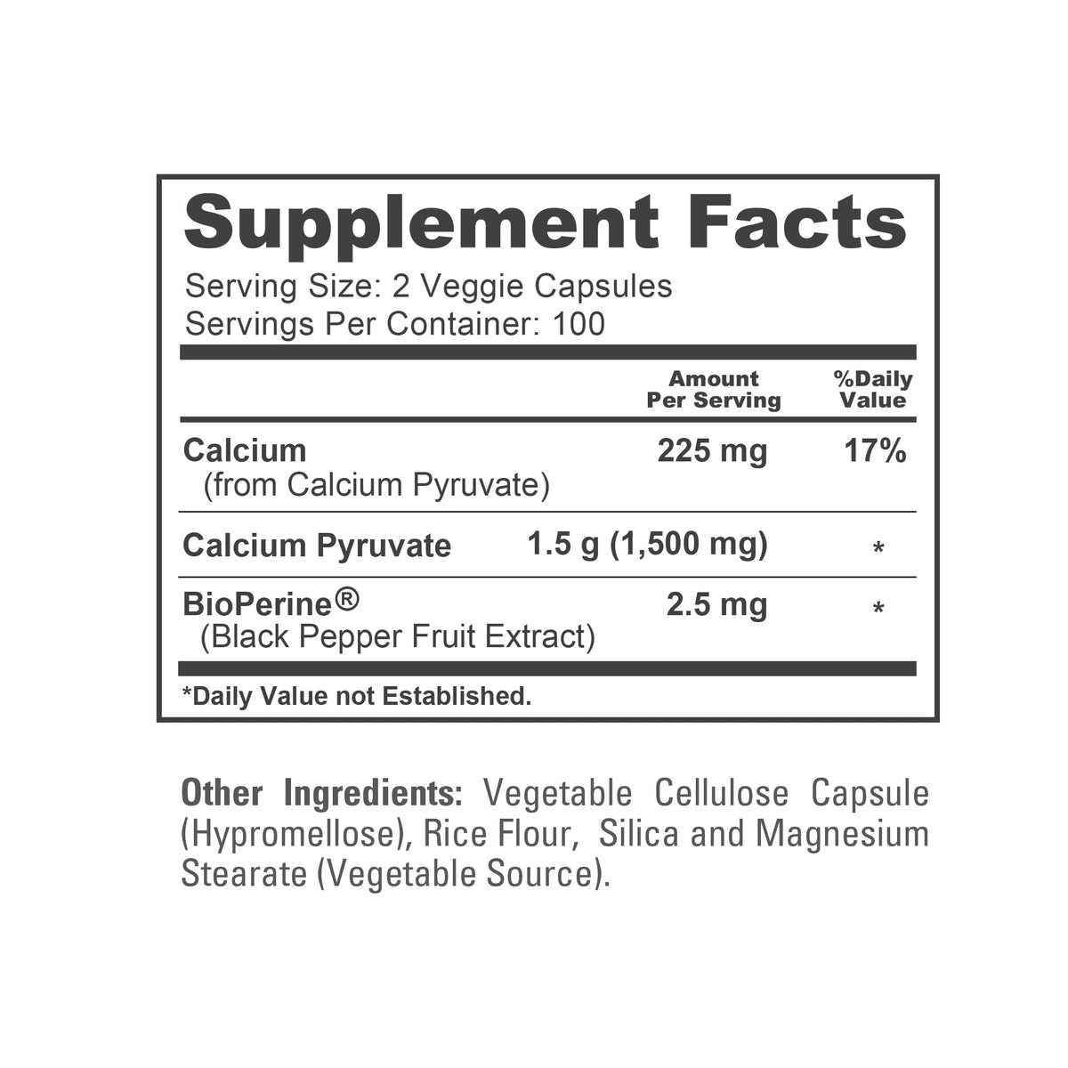 NusaPure Calcium Pyruvate 1500mg 200 capsules à côté d'un verre d'eau