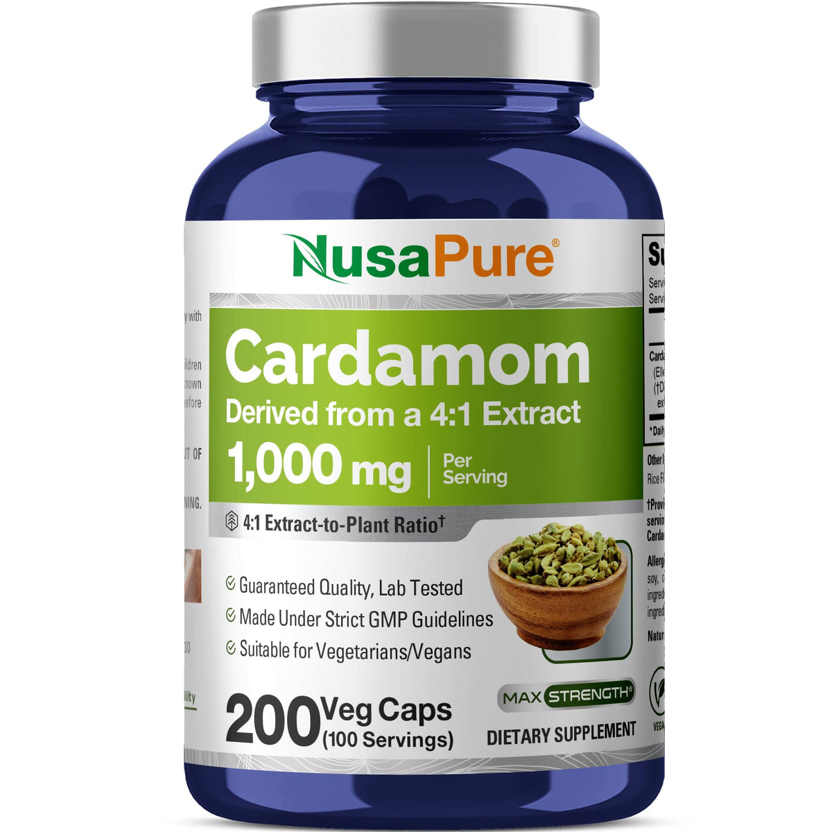 NusaPure Cardamome 1000 mg flacon de 200 capsules végétales
