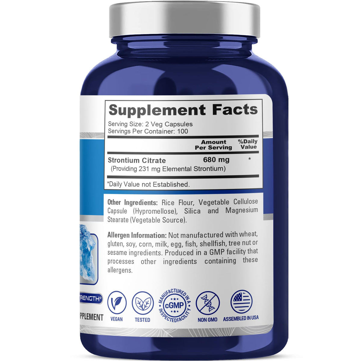 NusaPure Citrate de Strontium 680 mg capsules végétales sur une surface plane