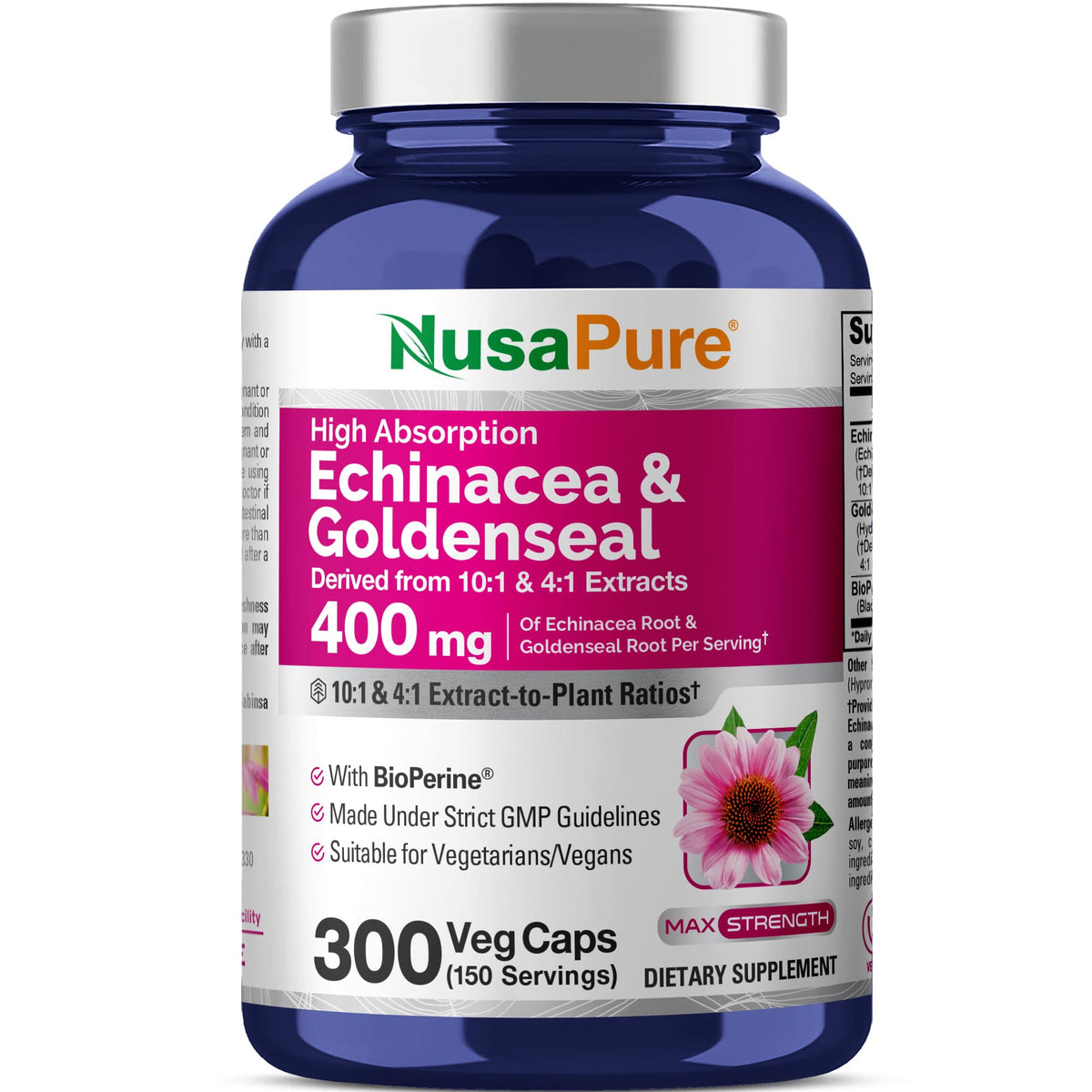 NusaPure Echinacea Goldenseal 400 mg 300 capsules front view