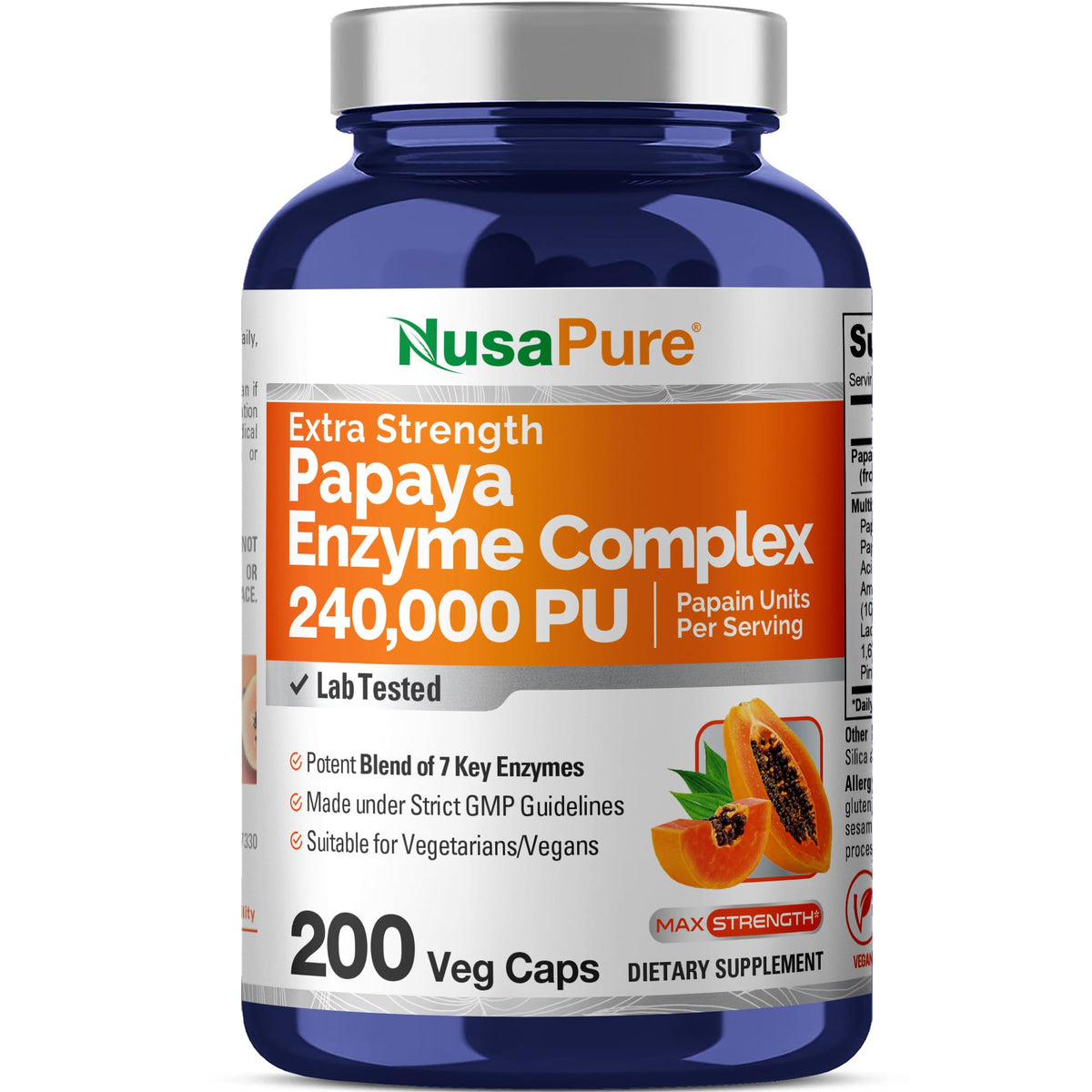 NusaPure Enzymes de Papaye 240 000 PU 200 capsules végétales vue de face