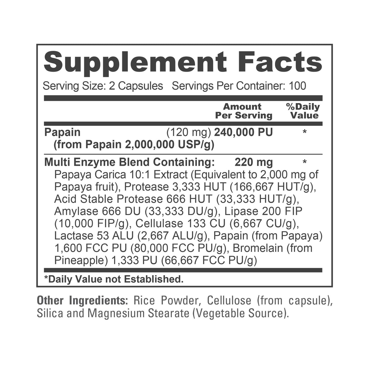 NusaPure Enzymes de Papaye 240 000 PU étiquette détaillée