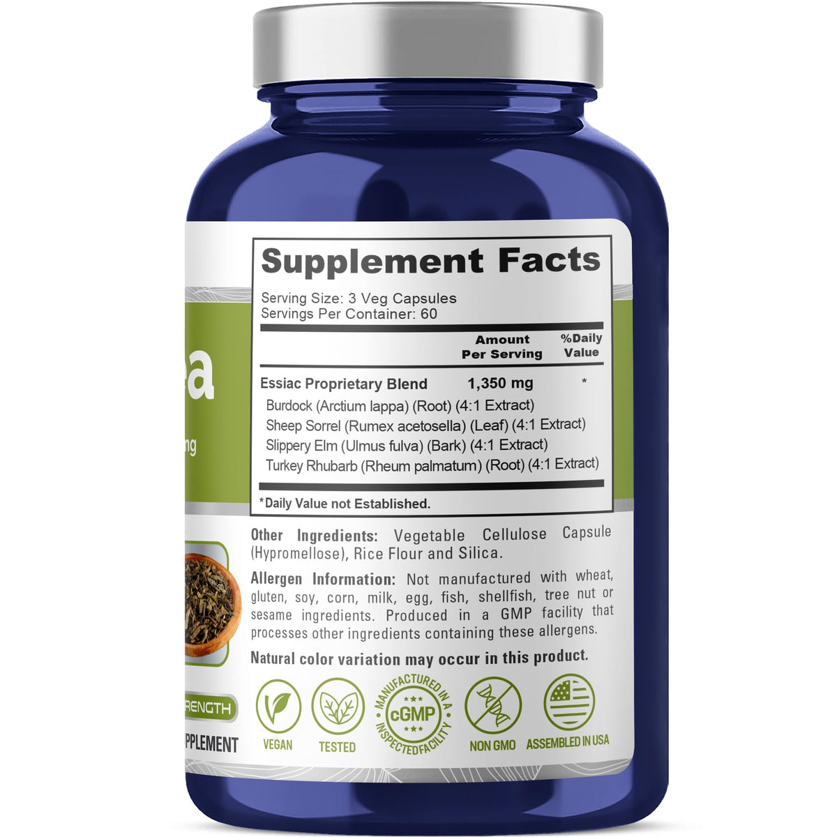 NusaPure Essiac Tea capsules in a clear bottle