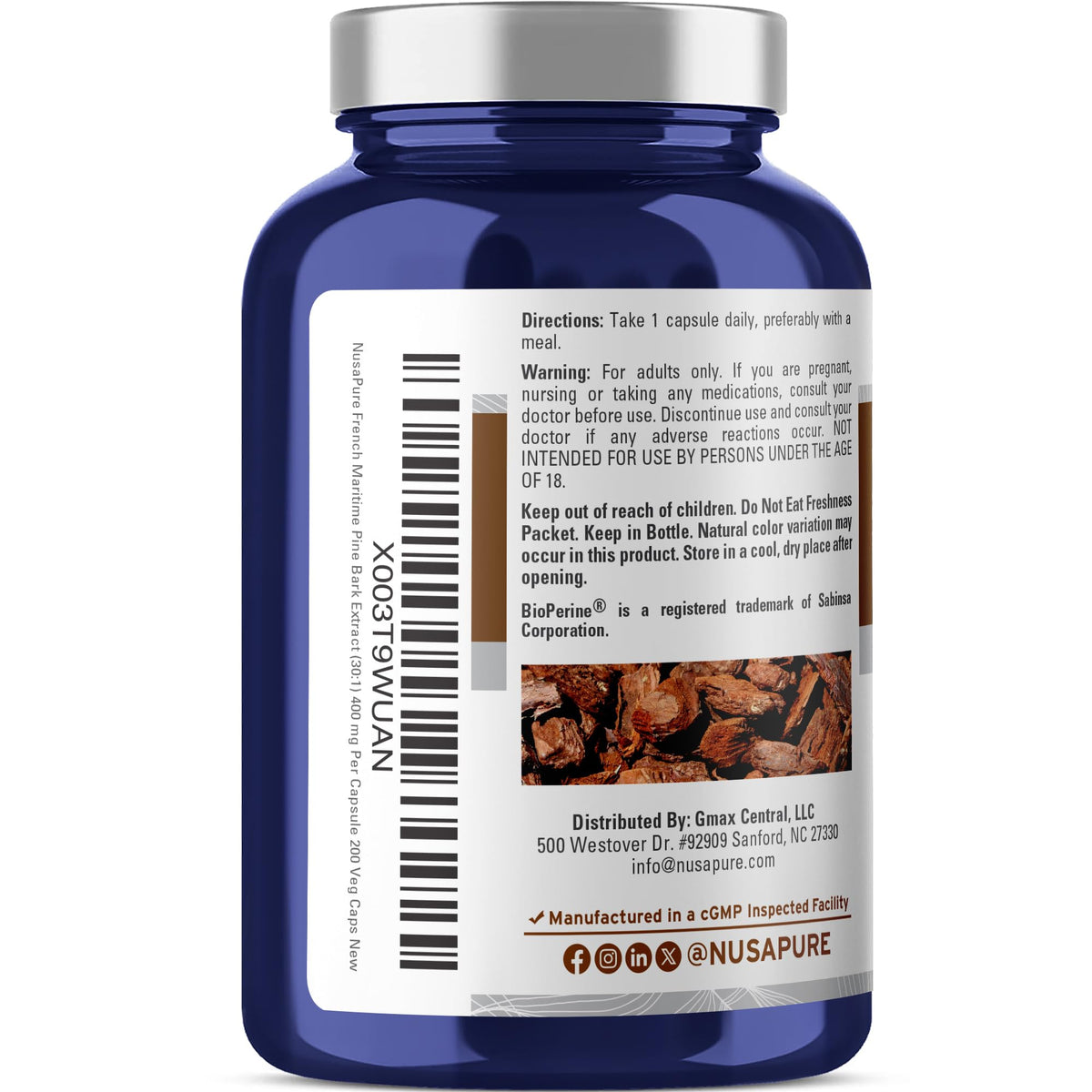 NusaPure Extrait d'Écorce de Pin Maritime Français 400mg avec étiquette en détail