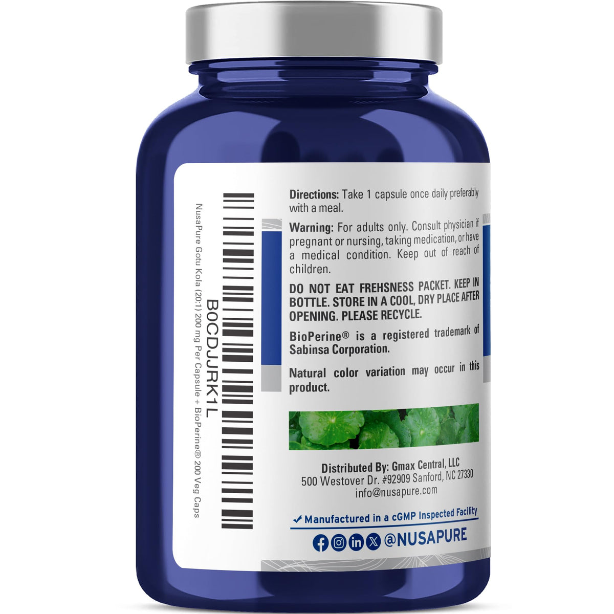 NusaPure Gotu Kola 200mg gélules végétales côté de la boîte
