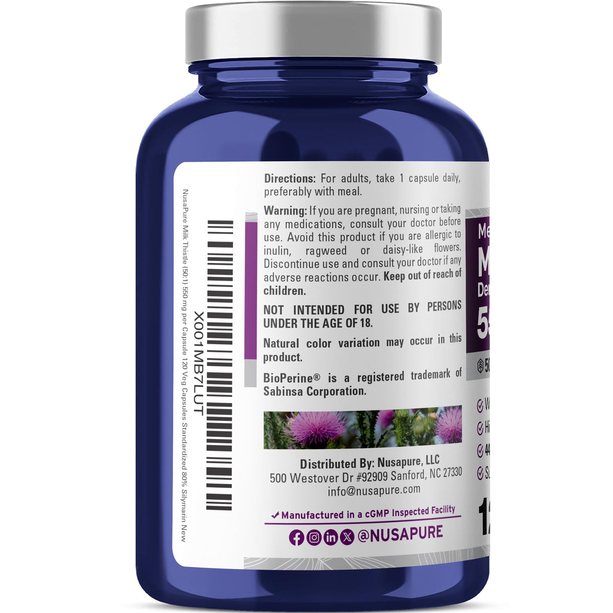 NusaPure Graine de Chardon-Marie 550mg, capsules végétales en gros plan