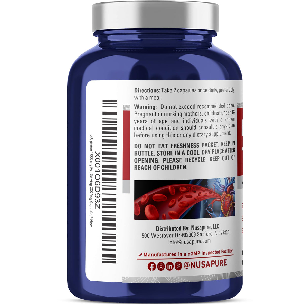 NusaPure L-Arginine HCI 1000mg 200 capsules végétales, étiquette et informations