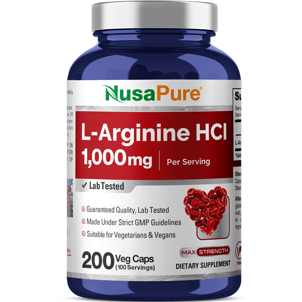 NusaPure L-Arginine HCI 1000mg 200 capsules végétales, vue de face