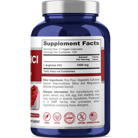 NusaPure L-Arginine HCI 1000mg 200 capsules, vue de côté
