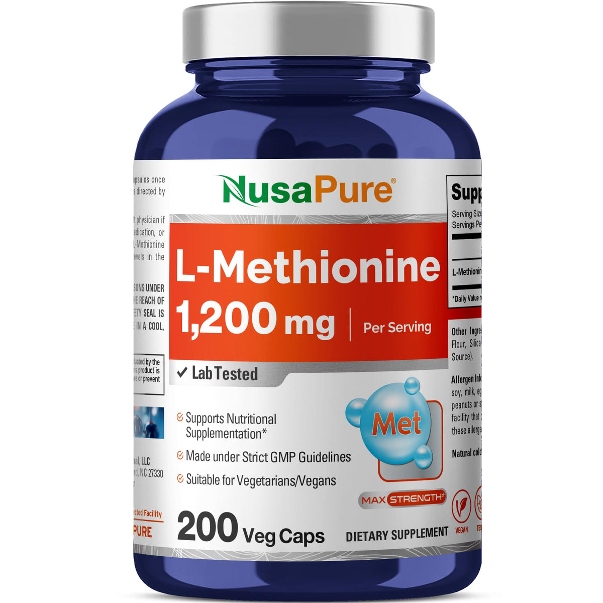 NusaPure L-Méthionine 1200mg flacon de 200 capsules