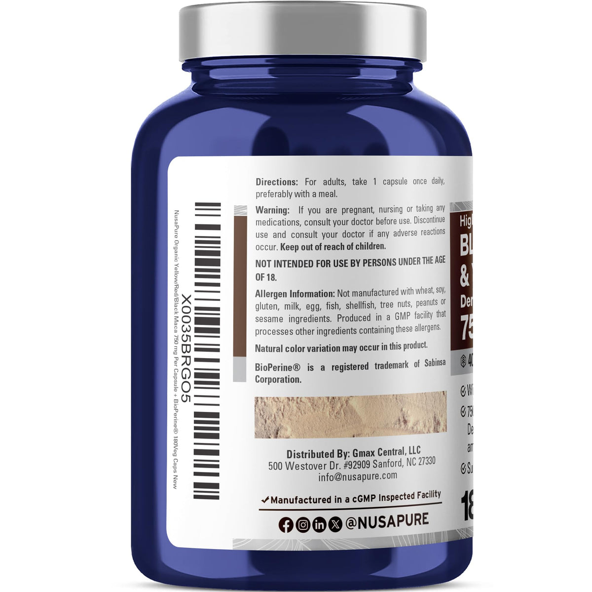 NusaPure Maca Racine 750mg étiquette de la bouteille