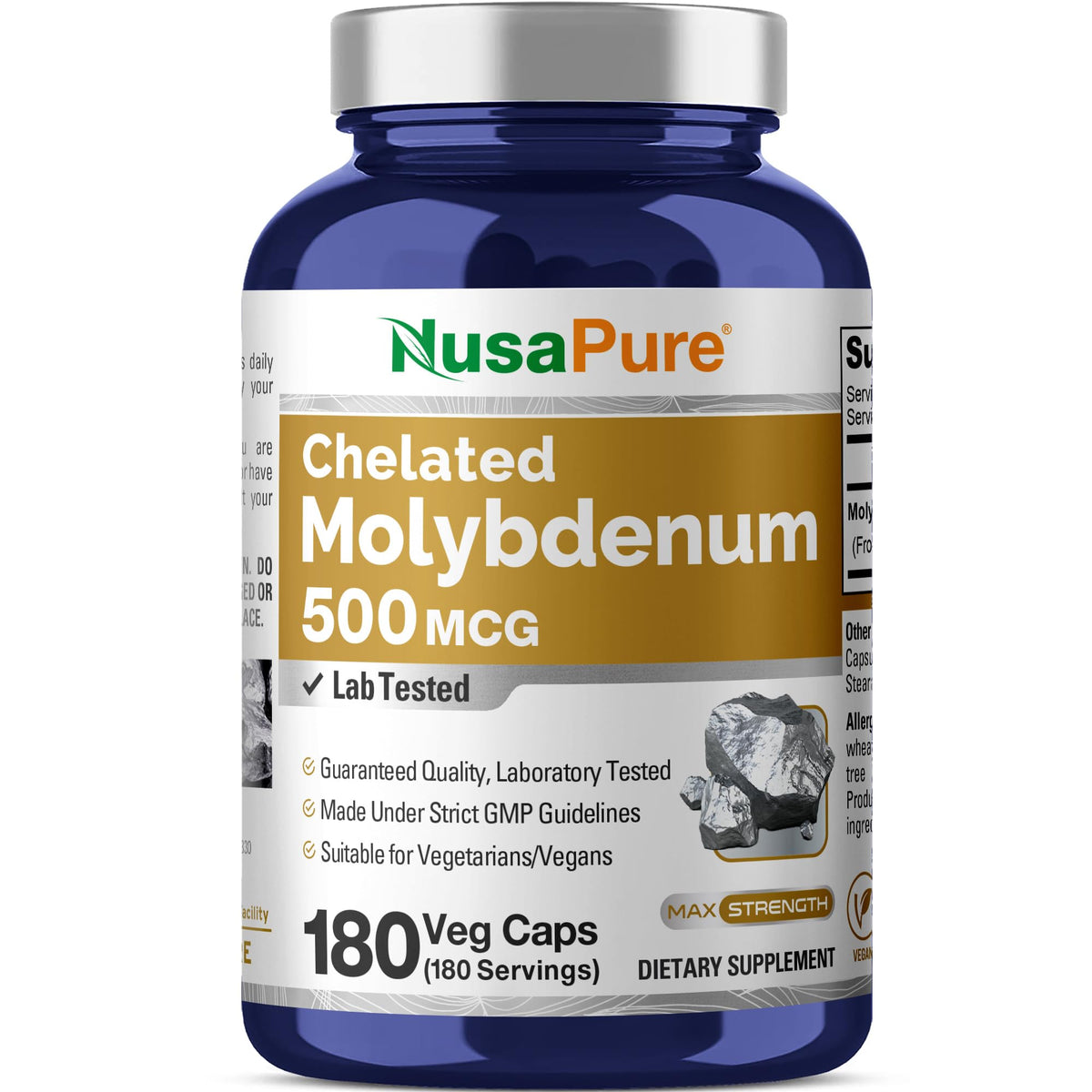 NusaPure Molybdène Chélaté 500 mcg 180 capsules végétales, vue de face
