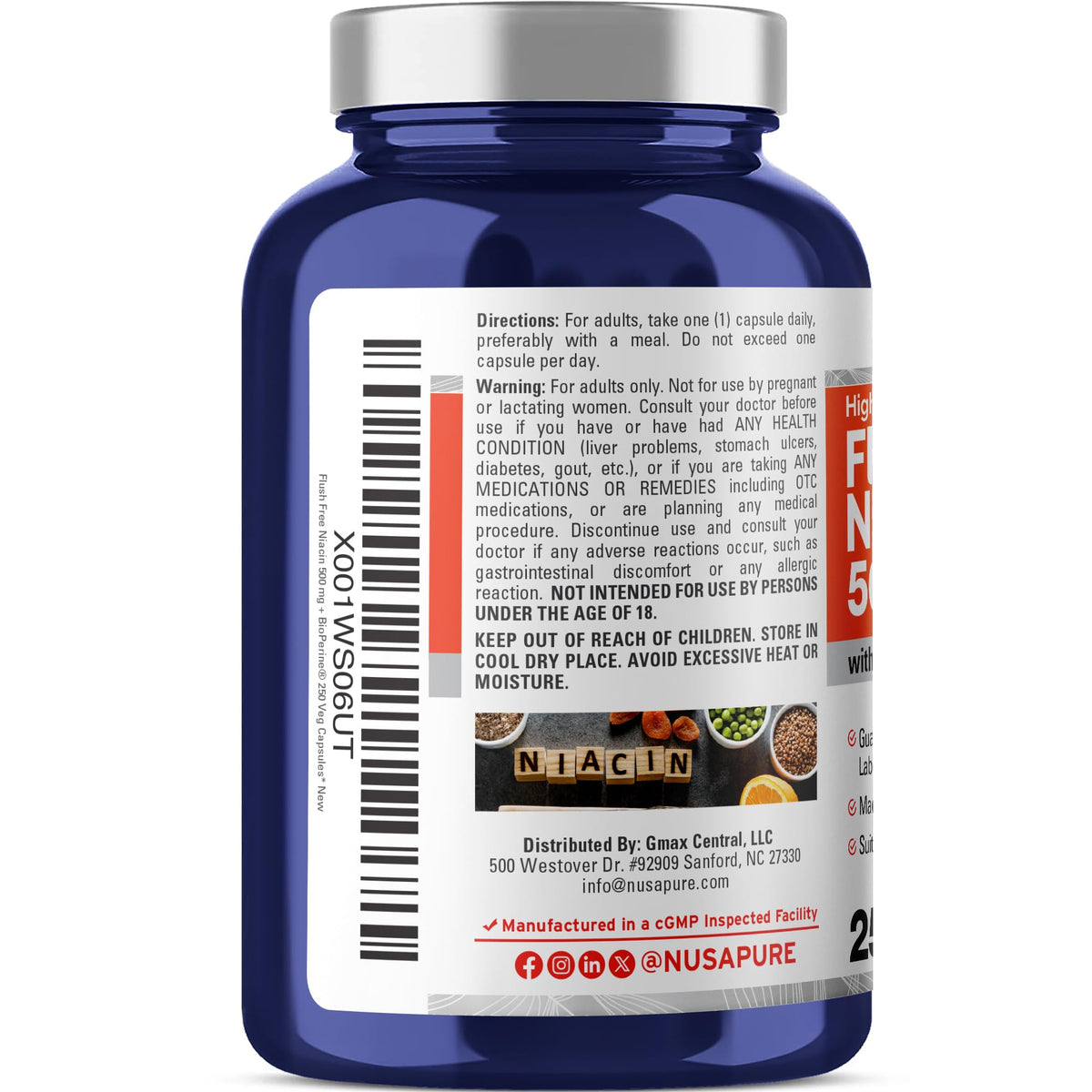 NusaPure Niacine Flush Free 500mg capsules vues de côté