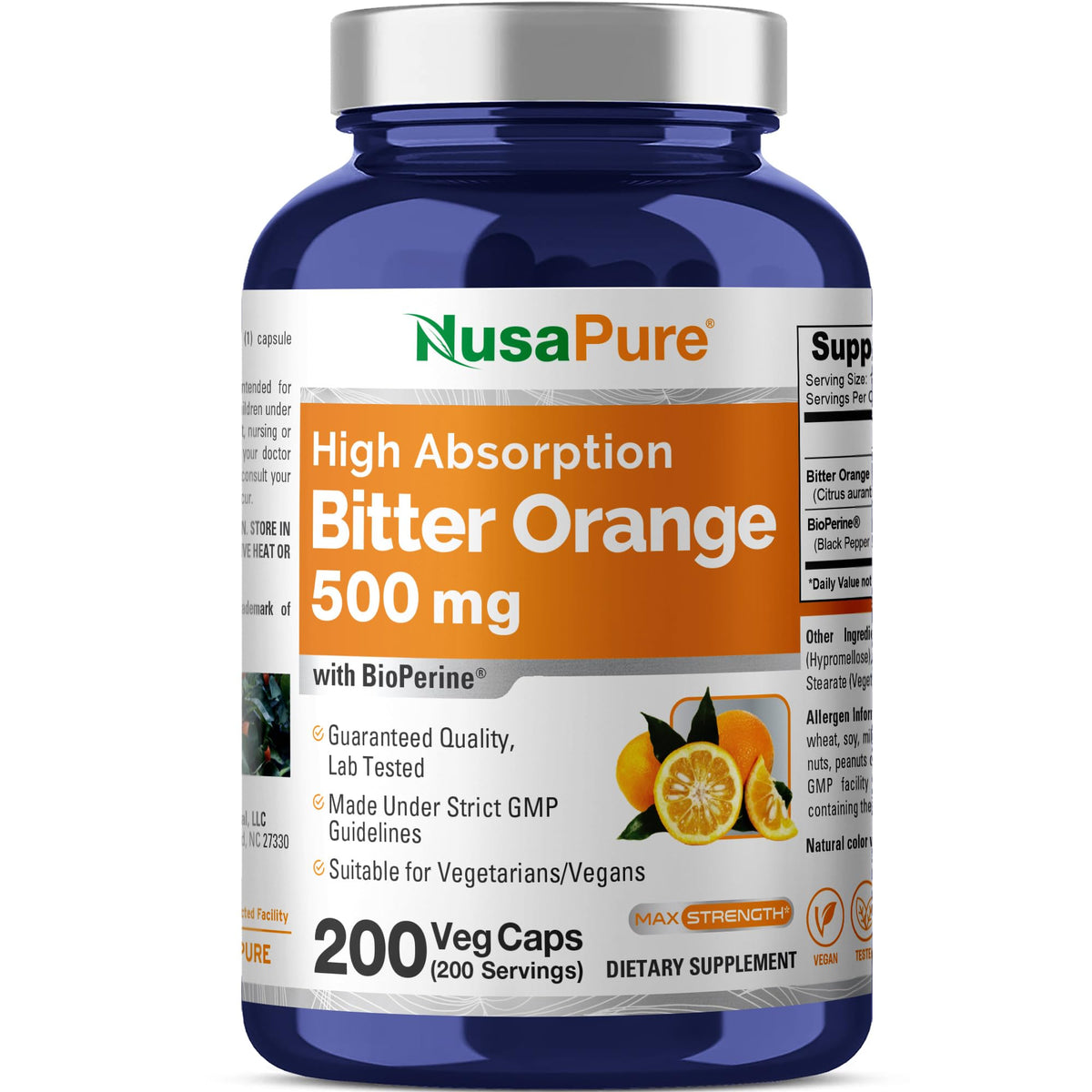 NusaPure Orange Amère 500mg 200 Capsules Végétales vue de face