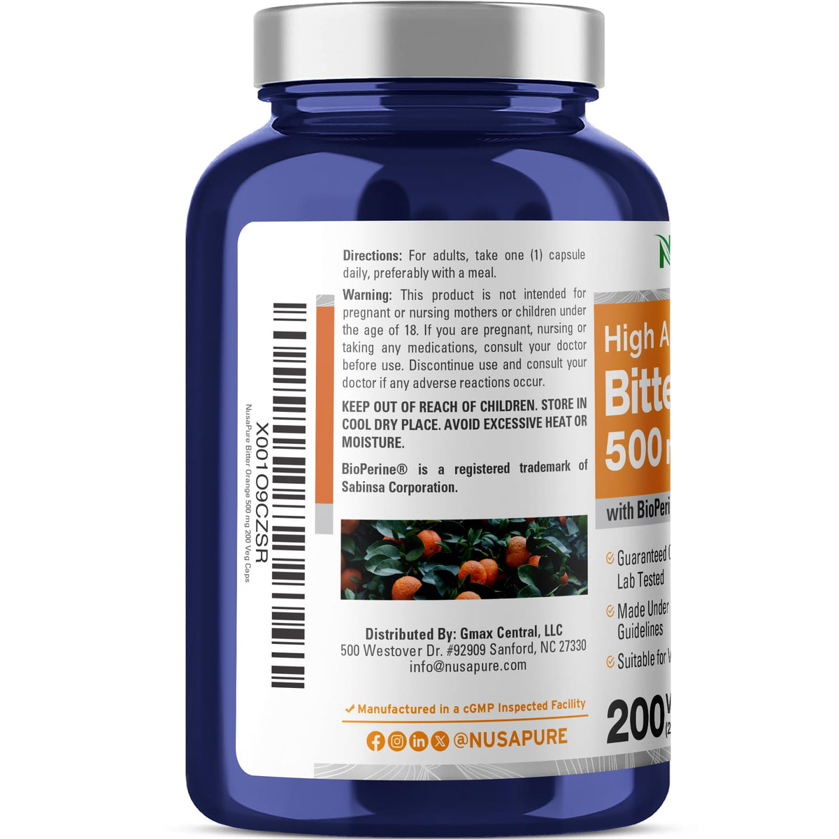 NusaPure Orange Amère 500mg pack avec informations nutritionnelles