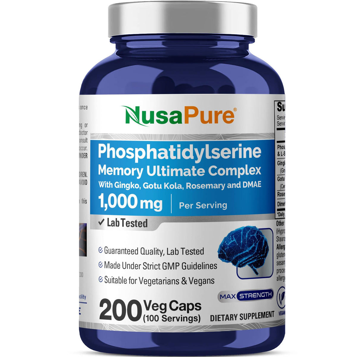 NusaPure Phosphatidylserine 1000mg 200 gélules végétales vue de face