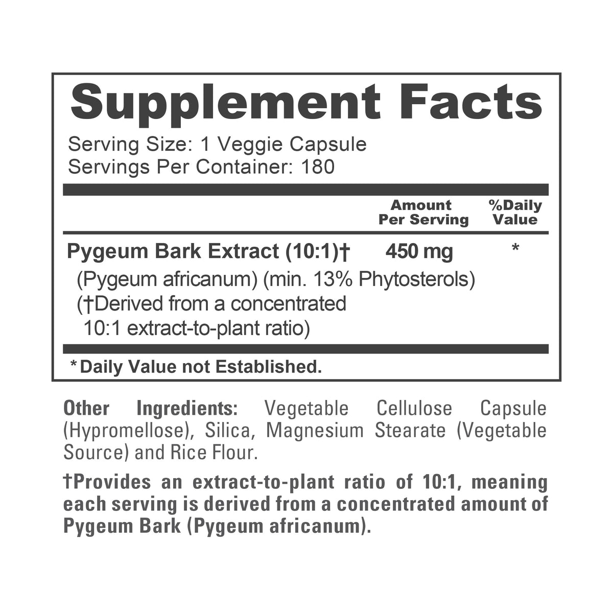 NusaPure Pygeum Bark 450mg capsules on a wooden table