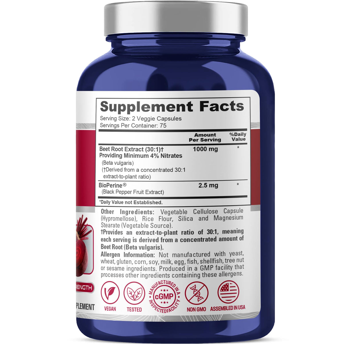 NusaPure Racine de Betterave 1000mg capsules végétales sur une table