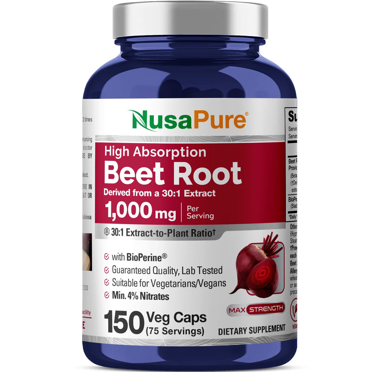 NusaPure Racine de Betterave 1000mg flacon de 150 capsules vues de face